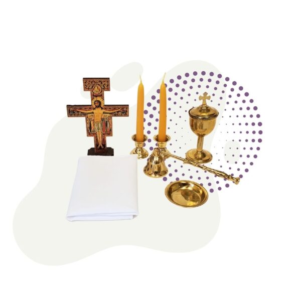 An Altar Set topped with a cross and a candle.