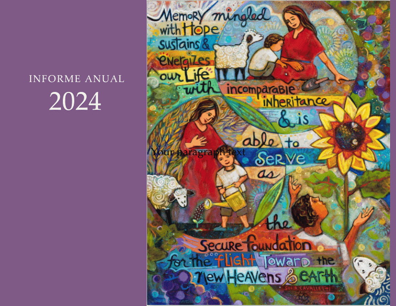 Colorful illustration with figures, flowers, and text about hope, inheritance, and foundation. It features a purple background on the left with the text "Informe Anual 2024.