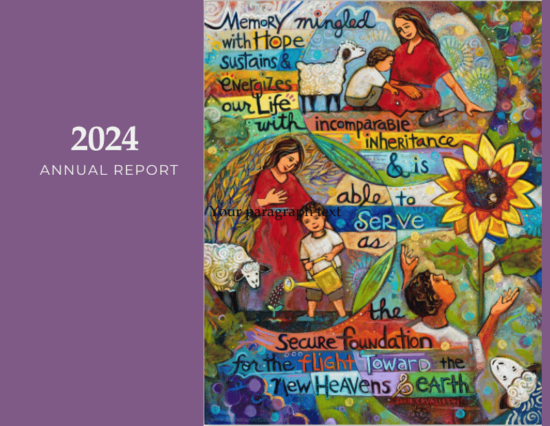 Colorful illustration with people, children, a sunflower, greenery, a lamb, and text praising hope, life, and foundations for the future. "2024 Annual Report" is written on a purple background.